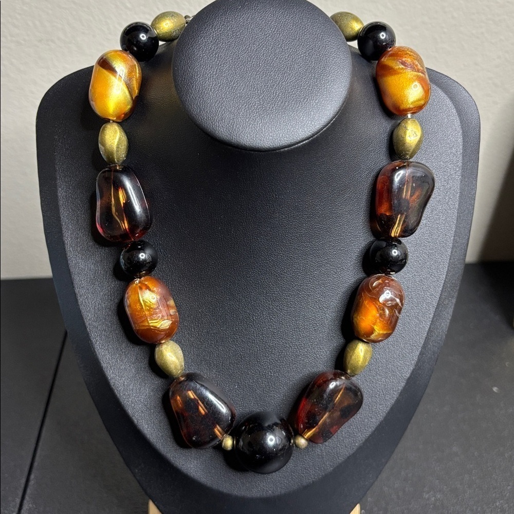 Vintage NY Amber Black Chunky Acrylic Beaded Necklace